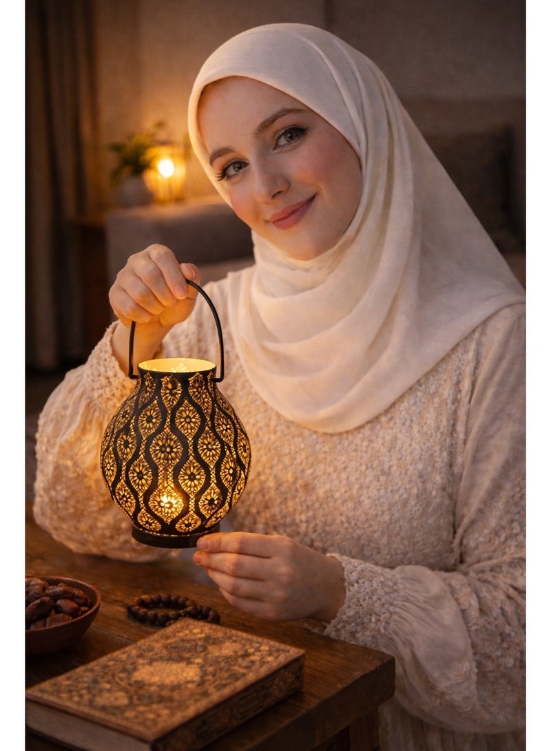 أولودينيز  رمضان فوانيس مغربية معدنية بنقوش مفرغة – تعمل بالبطارية وبدون أسلاك، ديكور للمنزل ورمضان (طقم فوانيس 2 معًا) - Image 2